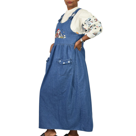 Vintage Christmas Dress Blue Jean Pinafore Bib Overall Jumper Santa Maxi Small - Picture 3 of 13